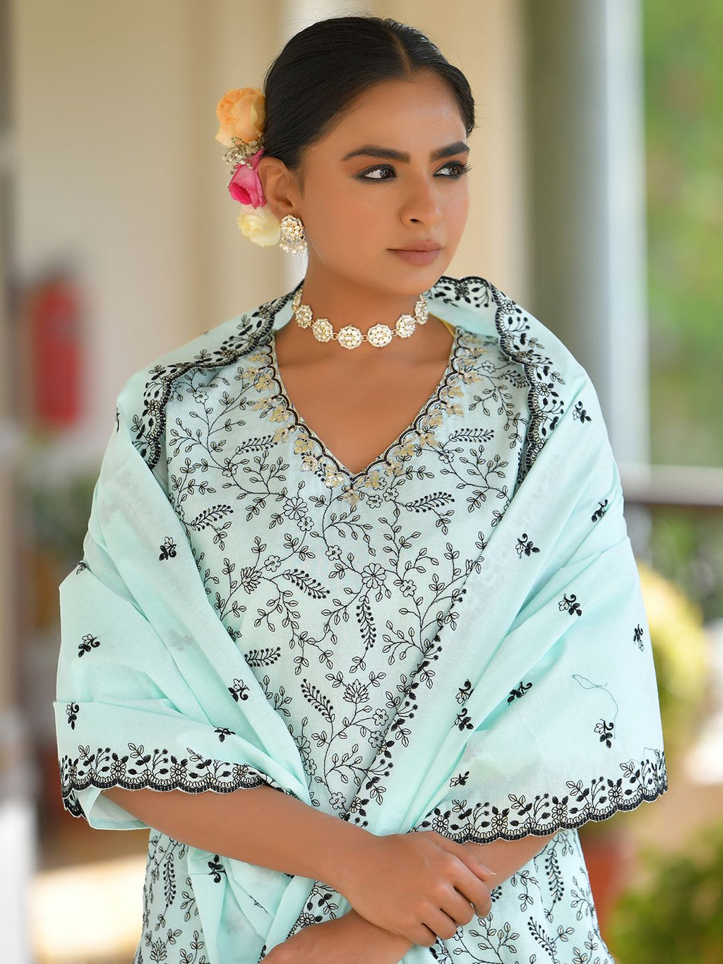 Vaasva Women's Cotton Solid Sky Embroidered Suit Set | Grocsy