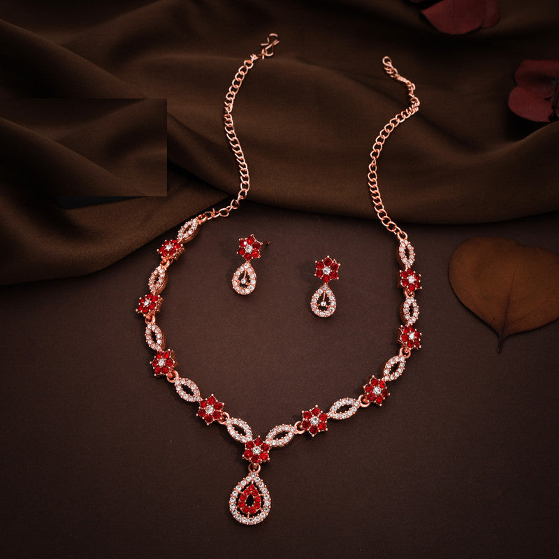 Tehzeeb Creations Elegant Red Polished American Diamond (Ad) Studded Necklace And Earring Set For Women | Grocsy