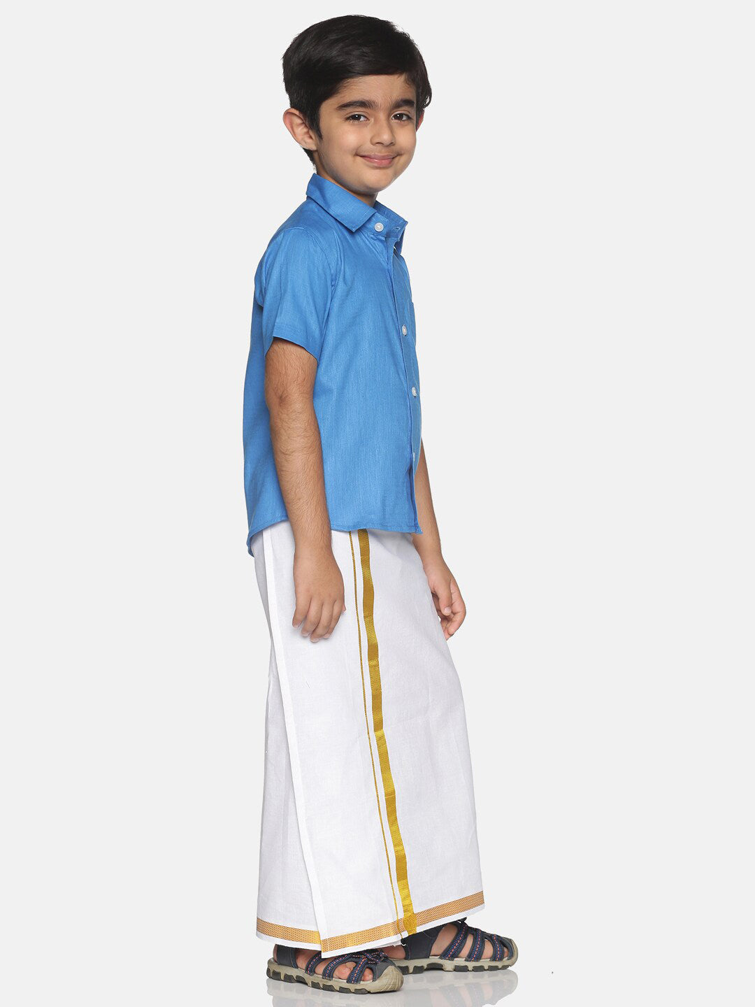 Sethukrishna Blue & White Solid Shirt with Veshti Set For Boys | Grocsy