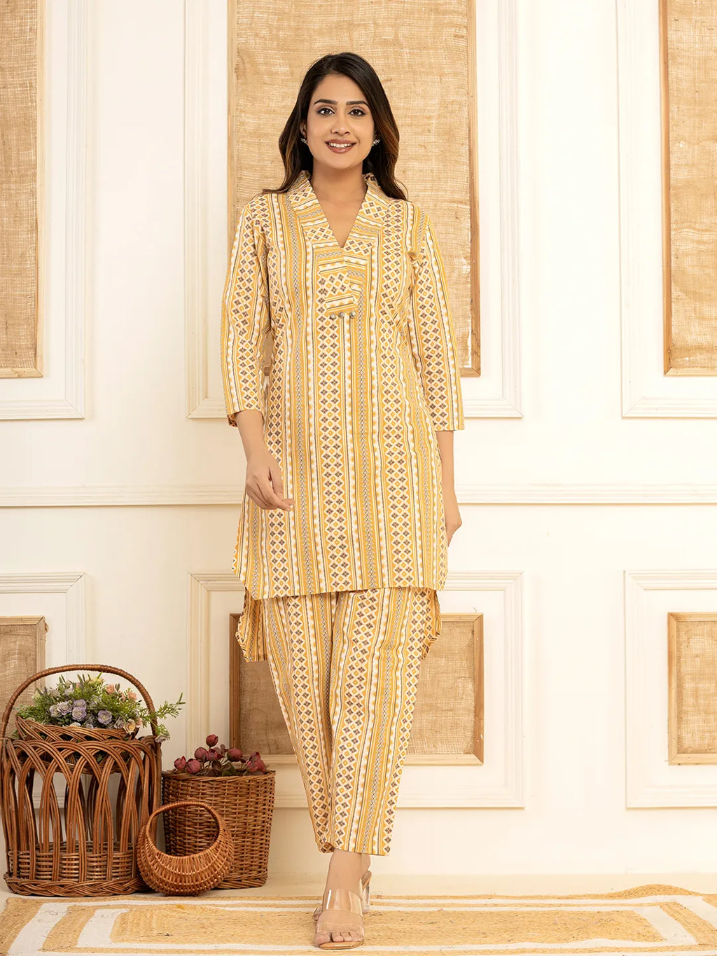 Yufta Mustard Cotton Ethnic Motifs Striped Print Co-Ord Set | Grocsy