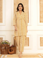 Yufta Mustard Cotton Ethnic Motifs Striped Print Co-Ord Set | Grocsy