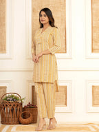 Yufta Mustard Cotton Ethnic Motifs Striped Print Co-Ord Set | Grocsy
