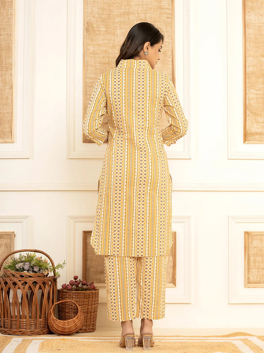 Yufta Mustard Cotton Ethnic Motifs Striped Print Co-Ord Set | Grocsy