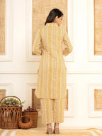 Yufta Mustard Cotton Ethnic Motifs Striped Print Co-Ord Set | Grocsy