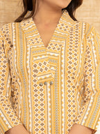 Yufta Mustard Cotton Ethnic Motifs Striped Print Co-Ord Set | Grocsy