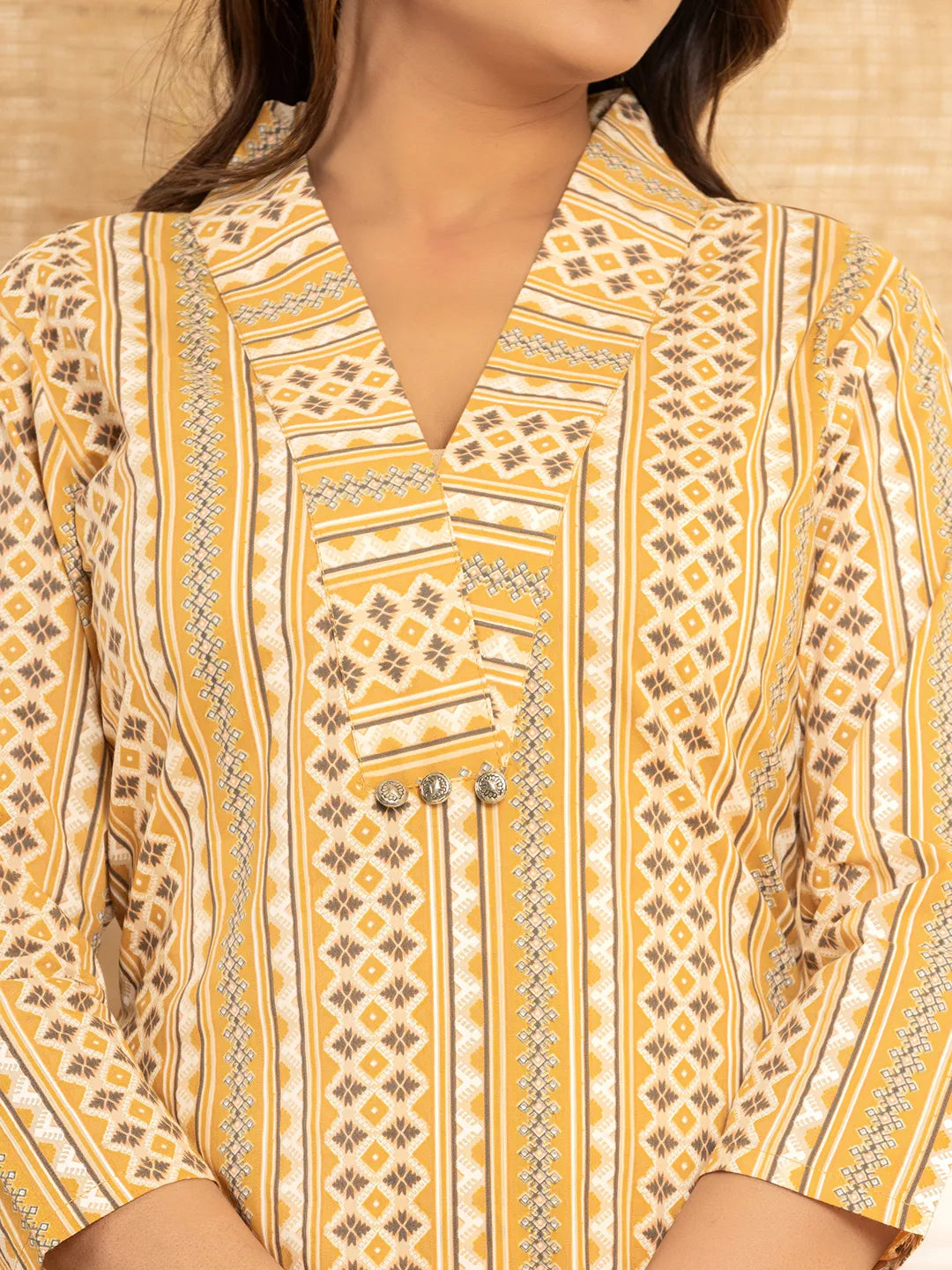 Yufta Mustard Cotton Ethnic Motifs Striped Print Co-Ord Set | Grocsy