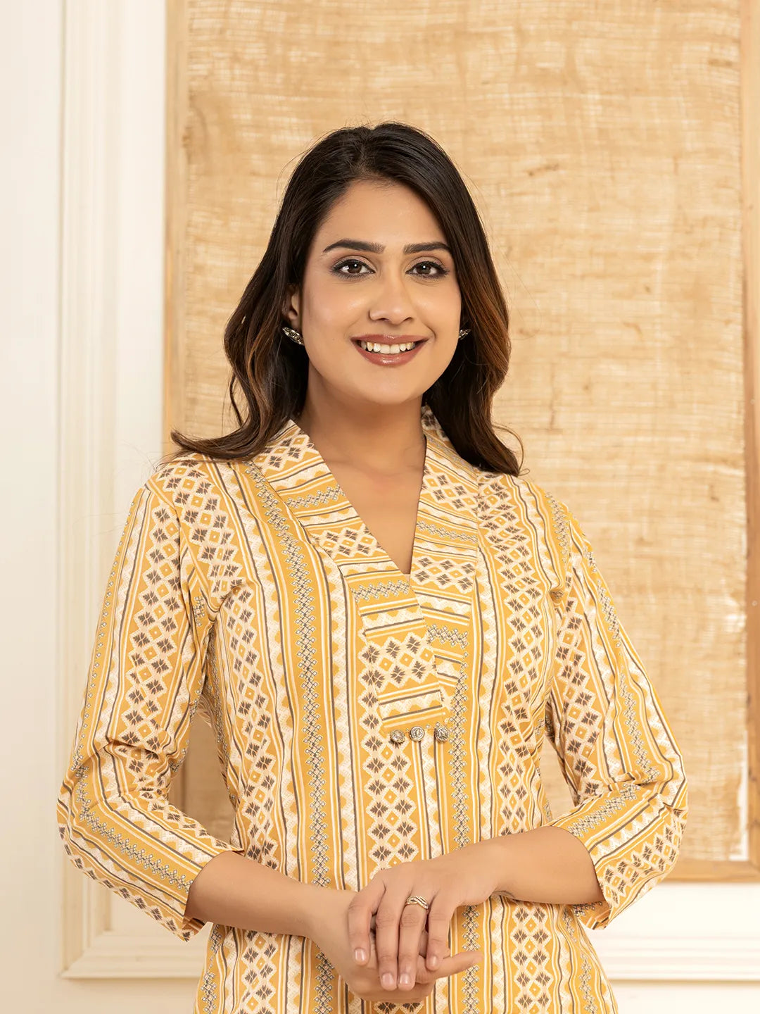 Yufta Mustard Cotton Ethnic Motifs Striped Print Co-Ord Set | Grocsy