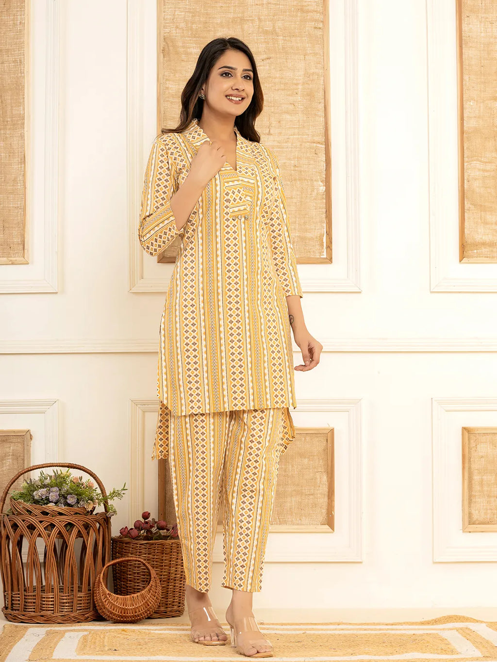 Yufta Mustard Cotton Ethnic Motifs Striped Print Co-Ord Set | Grocsy