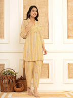 Yufta Mustard Cotton Ethnic Motifs Striped Print Co-Ord Set | Grocsy