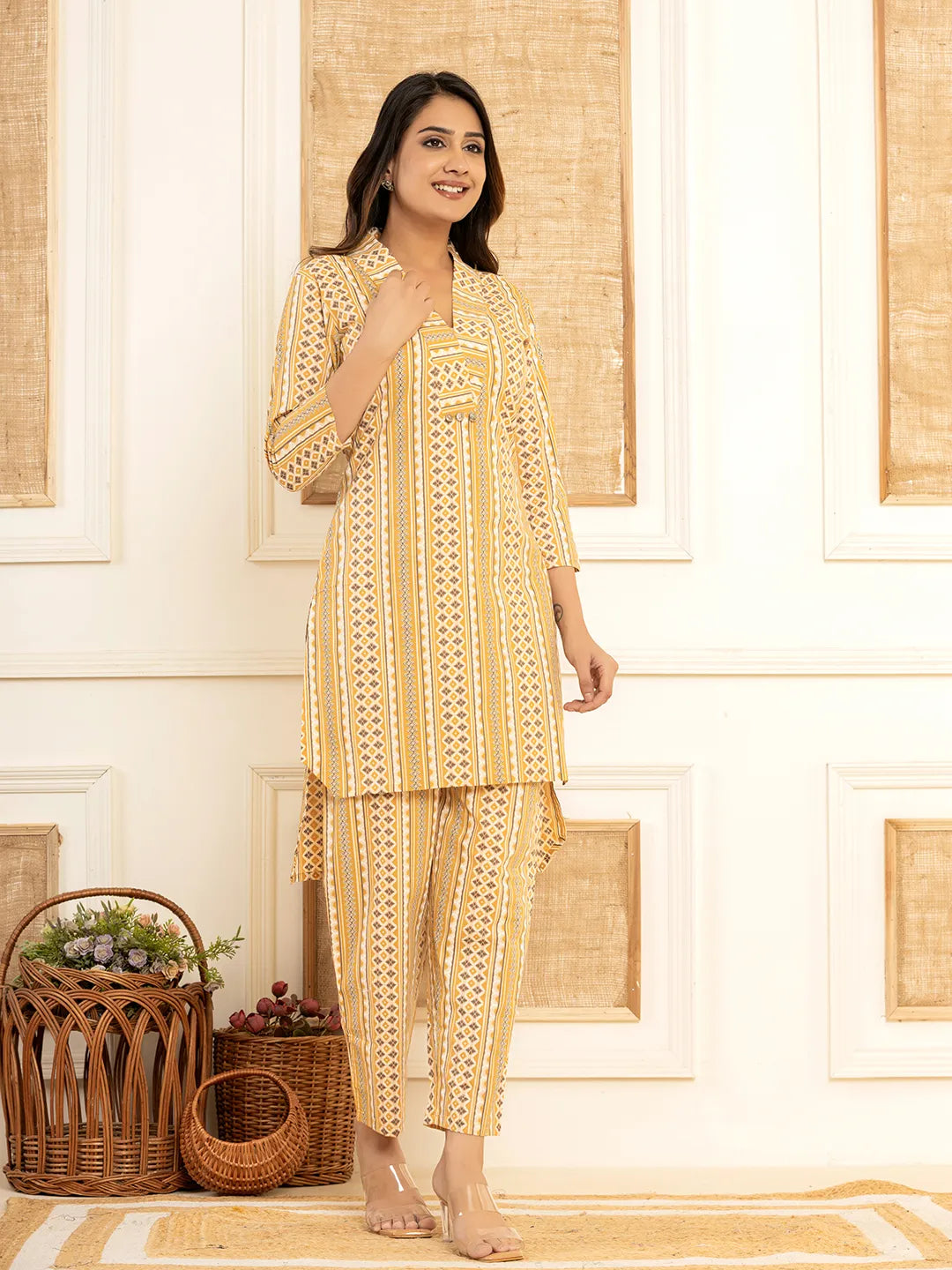 Yufta Mustard Cotton Ethnic Motifs Striped Print Co-Ord Set | Grocsy