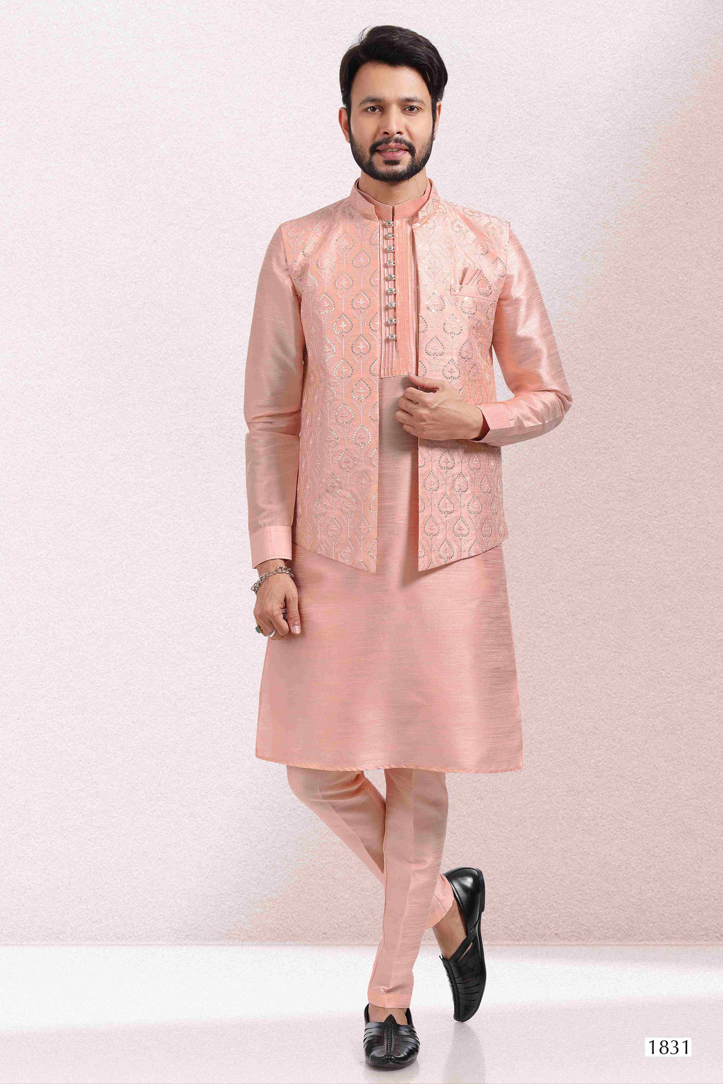 Raivat Ethnic Art Banarasi Silk Thread Work 3 Pics Jacket Set In Peach Colour | Grocsy