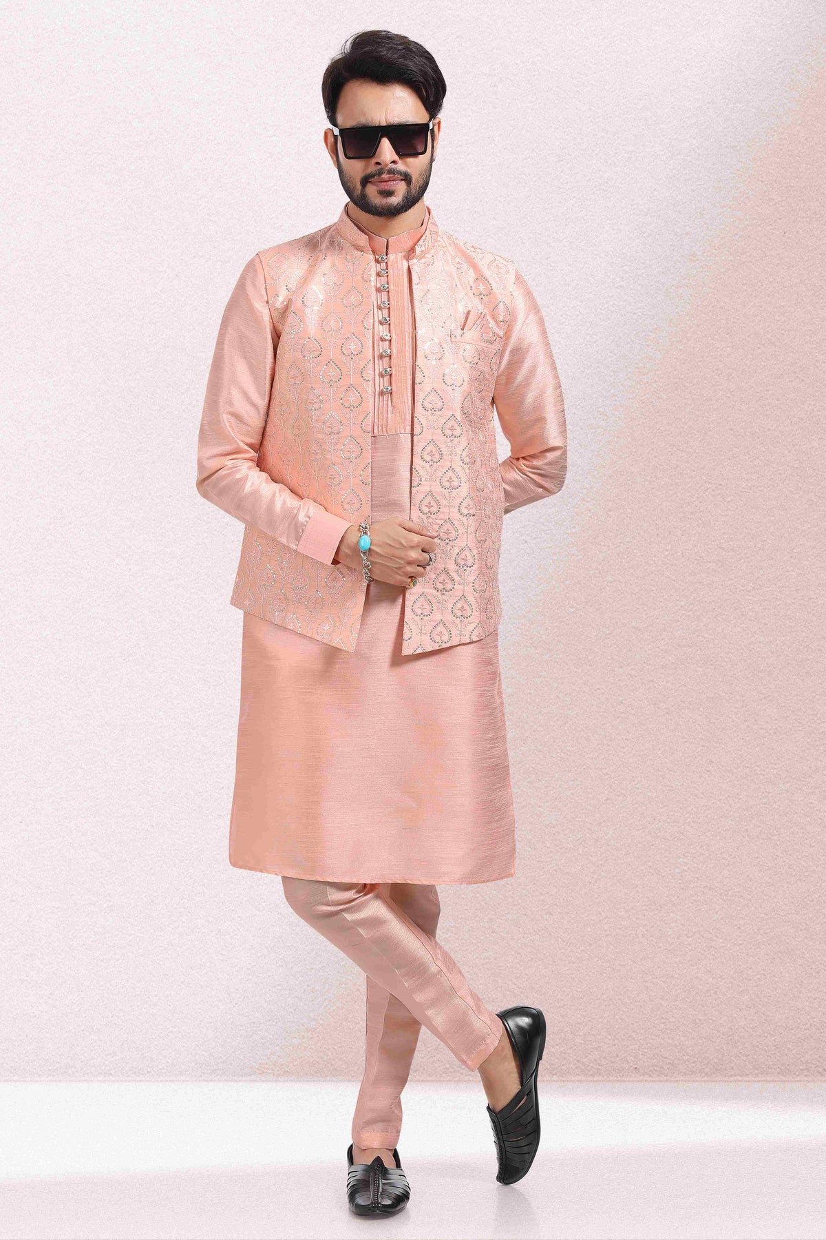 Raivat Ethnic Art Banarasi Silk Thread Work 3 Pics Jacket Set In Peach Colour | Grocsy
