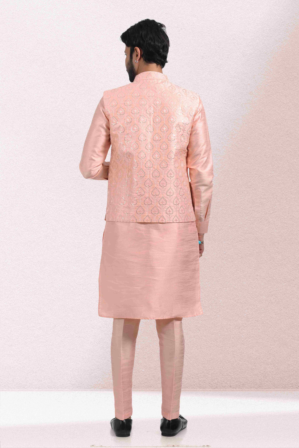Raivat Ethnic Art Banarasi Silk Thread Work 3 Pics Jacket Set In Peach Colour | Grocsy