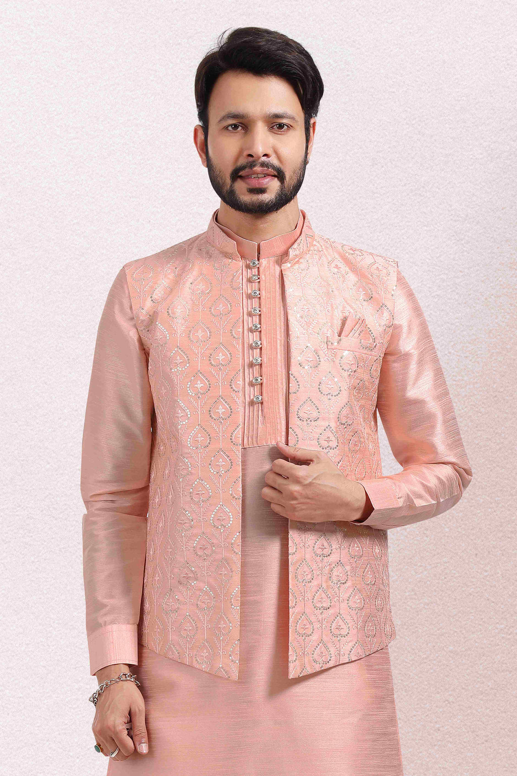 Raivat Ethnic Art Banarasi Silk Thread Work 3 Pics Jacket Set In Peach Colour | Grocsy