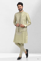 Raivat Ethnic Art Banarasi Silk Thread Work 3 Pics Jacket Set In Pista Green Colour | Grocsy