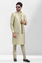 Raivat Ethnic Art Banarasi Silk Thread Work 3 Pics Jacket Set In Pista Green Colour | Grocsy