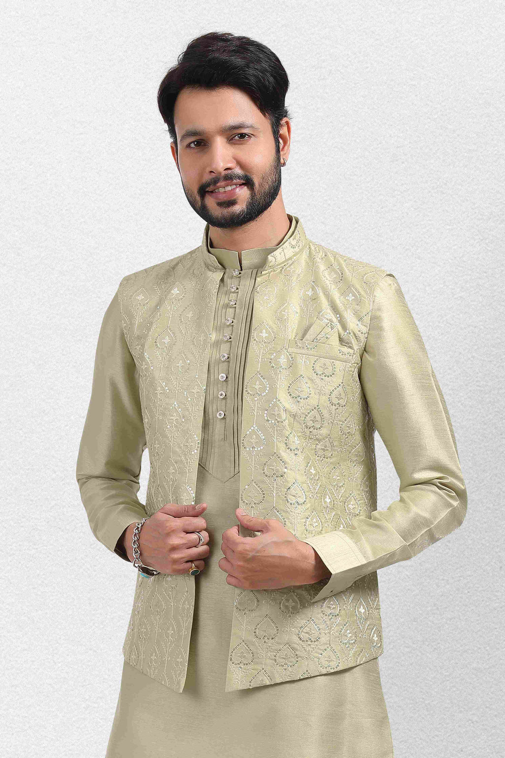 Raivat Ethnic Art Banarasi Silk Thread Work 3 Pics Jacket Set In Pista Green Colour | Grocsy