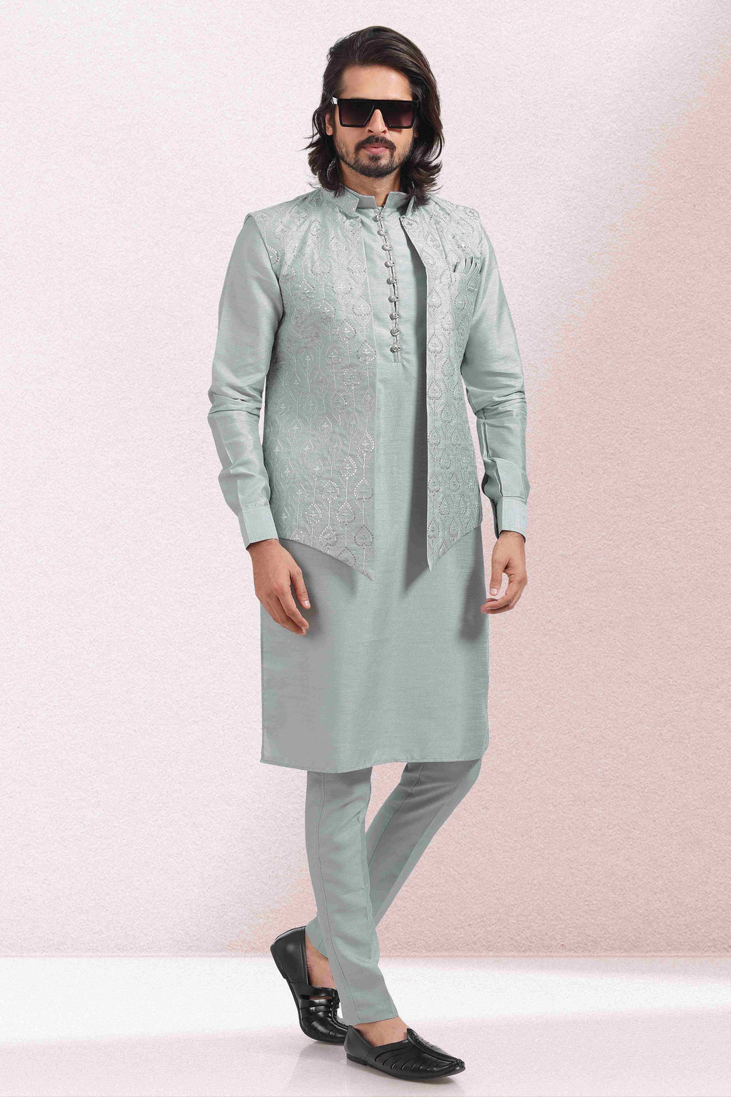 Raivat Ethnic Art Banarasi Silk Thread Work 3 Pics Jacket Set In Grey Colour | Grocsy