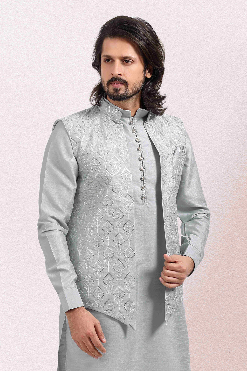 Raivat Ethnic Art Banarasi Silk Thread Work 3 Pics Jacket Set In Grey Colour | Grocsy
