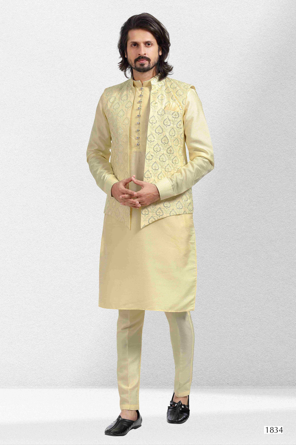 Raivat Ethnic Art Banarasi Silk Thread Work 3 Pics Jacket Set In Yellow Colour | Grocsy