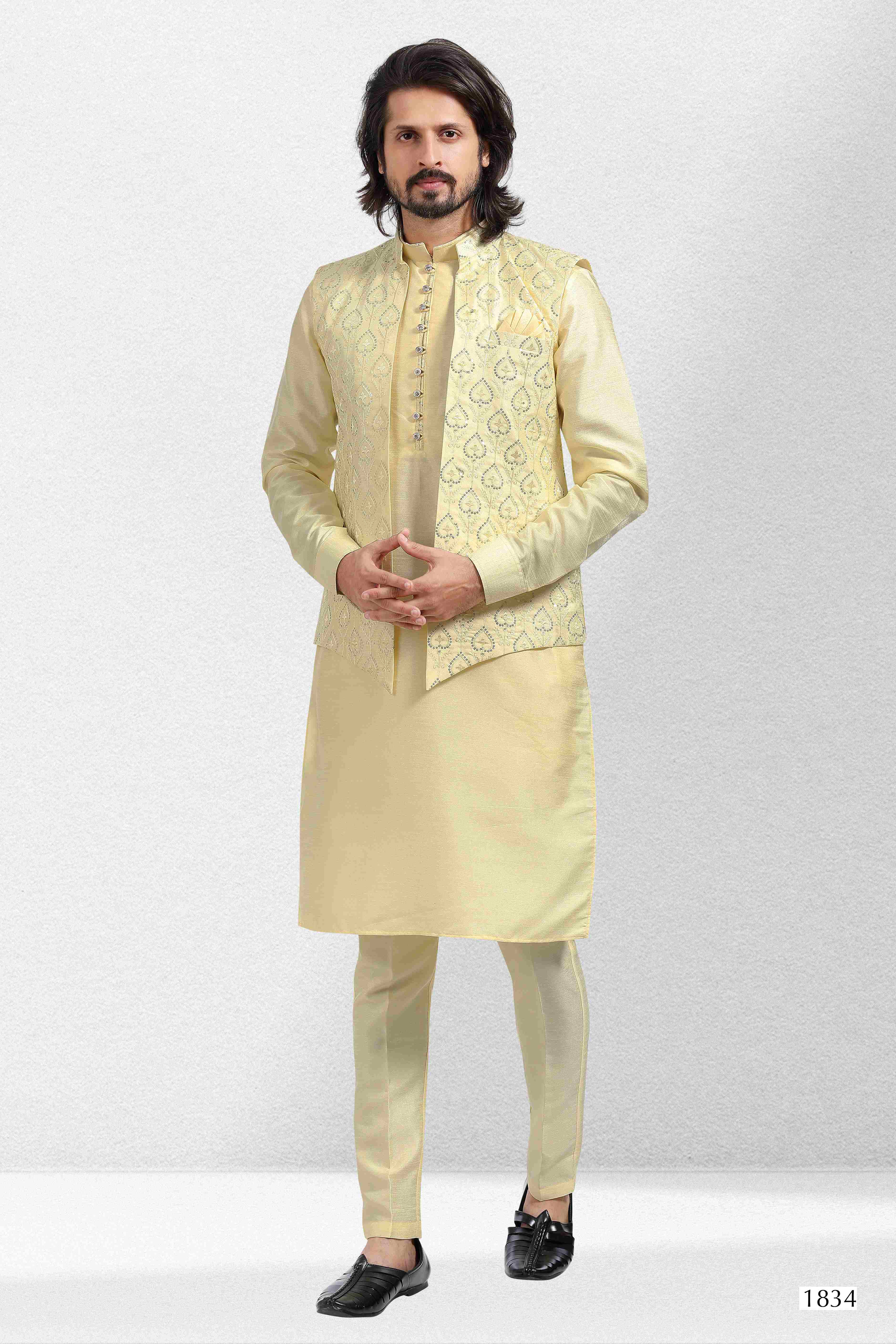 Raivat Ethnic Art Banarasi Silk Thread Work 3 Pics Jacket Set In Yellow Colour | Grocsy