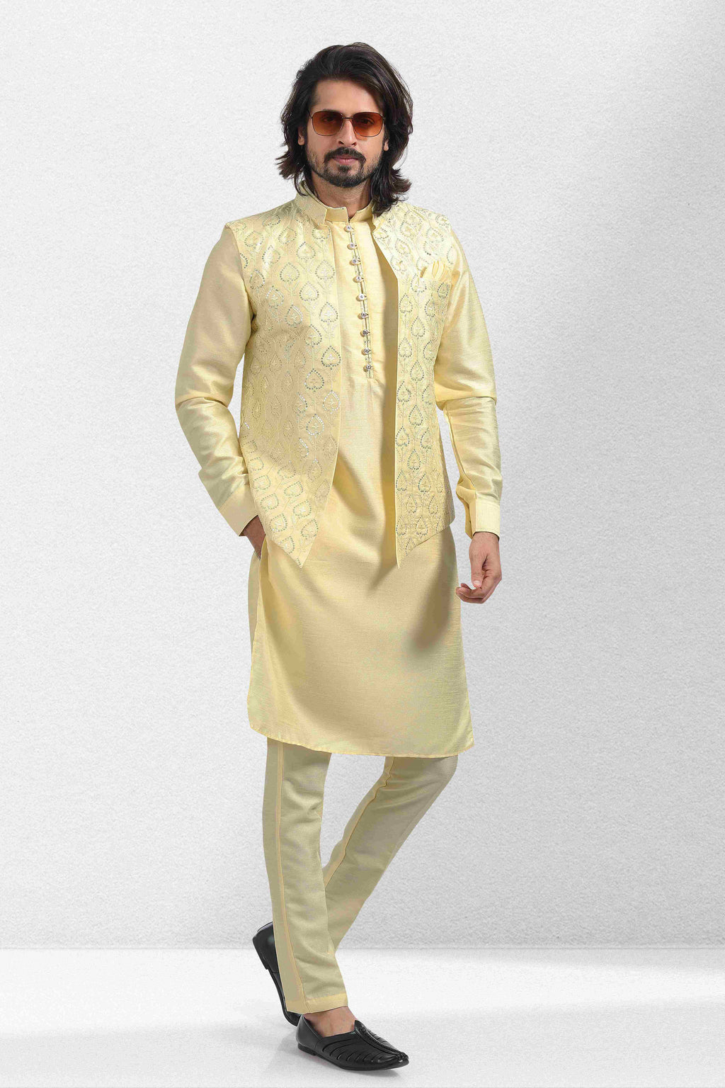 Raivat Ethnic Art Banarasi Silk Thread Work 3 Pics Jacket Set In Yellow Colour | Grocsy