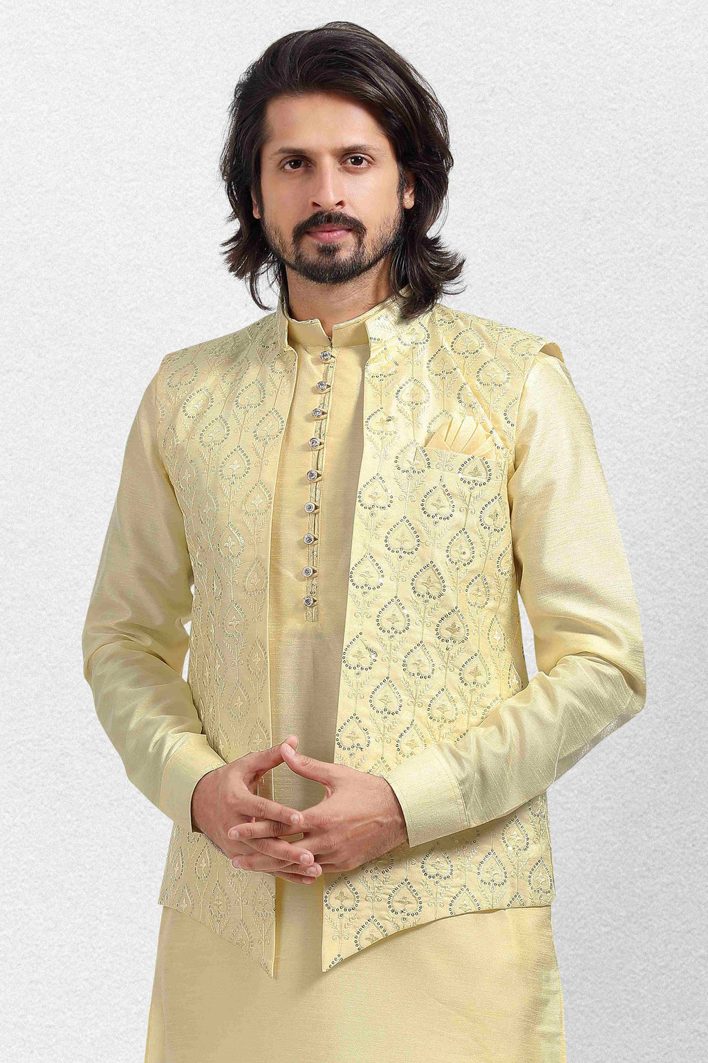 Raivat Ethnic Art Banarasi Silk Thread Work 3 Pics Jacket Set In Yellow Colour | Grocsy