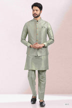 Raivat Ethnic Art Banarasi Silk Thread Work 3 Pics Jacket Set In Pista Green Colour | Grocsy