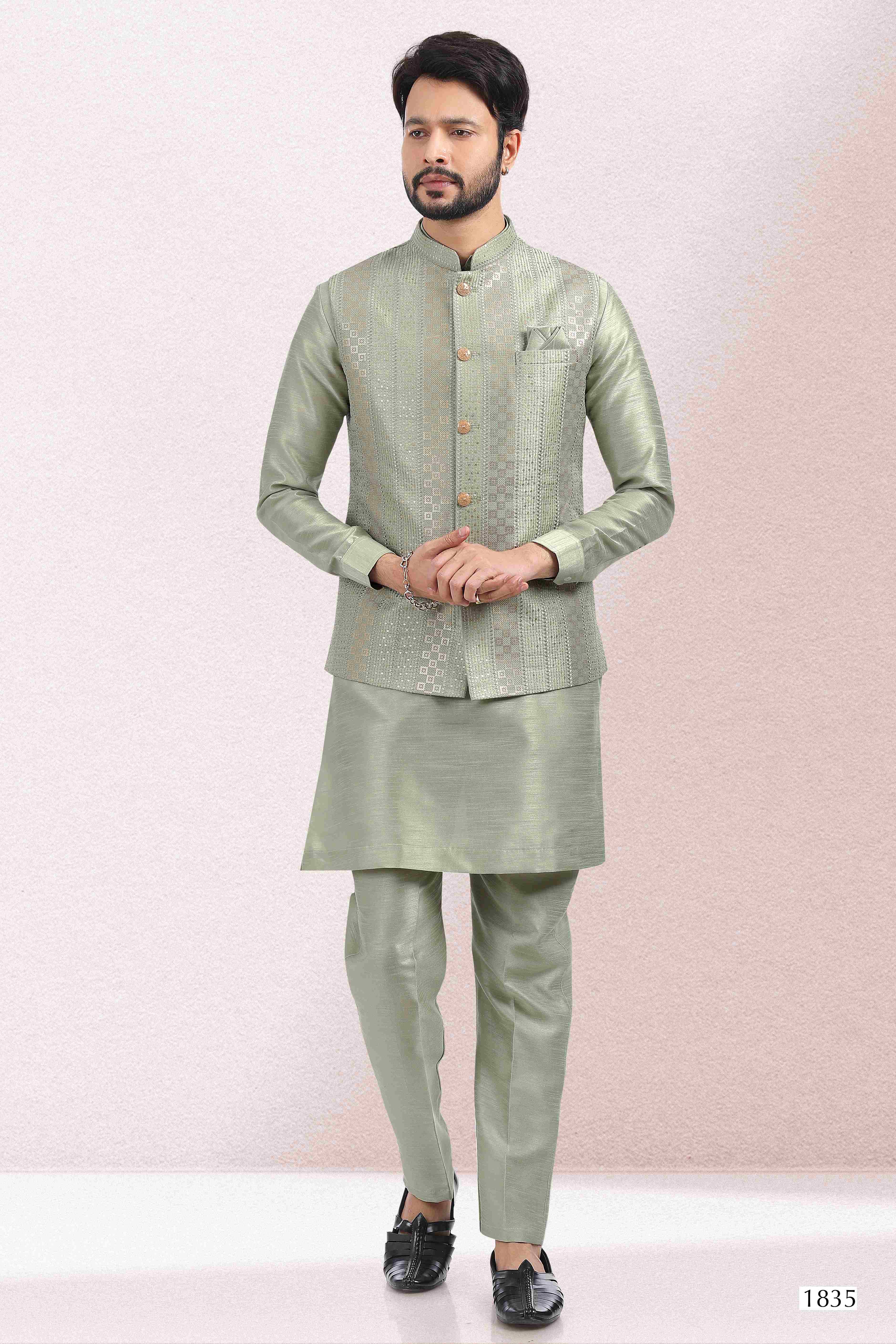 Raivat Ethnic Art Banarasi Silk Thread Work 3 Pics Jacket Set In Pista Green Colour | Grocsy