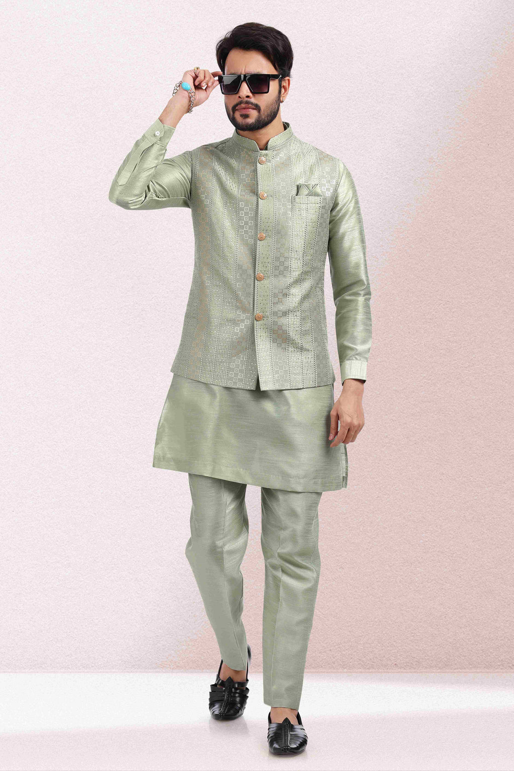 Raivat Ethnic Art Banarasi Silk Thread Work 3 Pics Jacket Set In Pista Green Colour | Grocsy