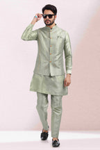 Raivat Ethnic Art Banarasi Silk Thread Work 3 Pics Jacket Set In Pista Green Colour | Grocsy