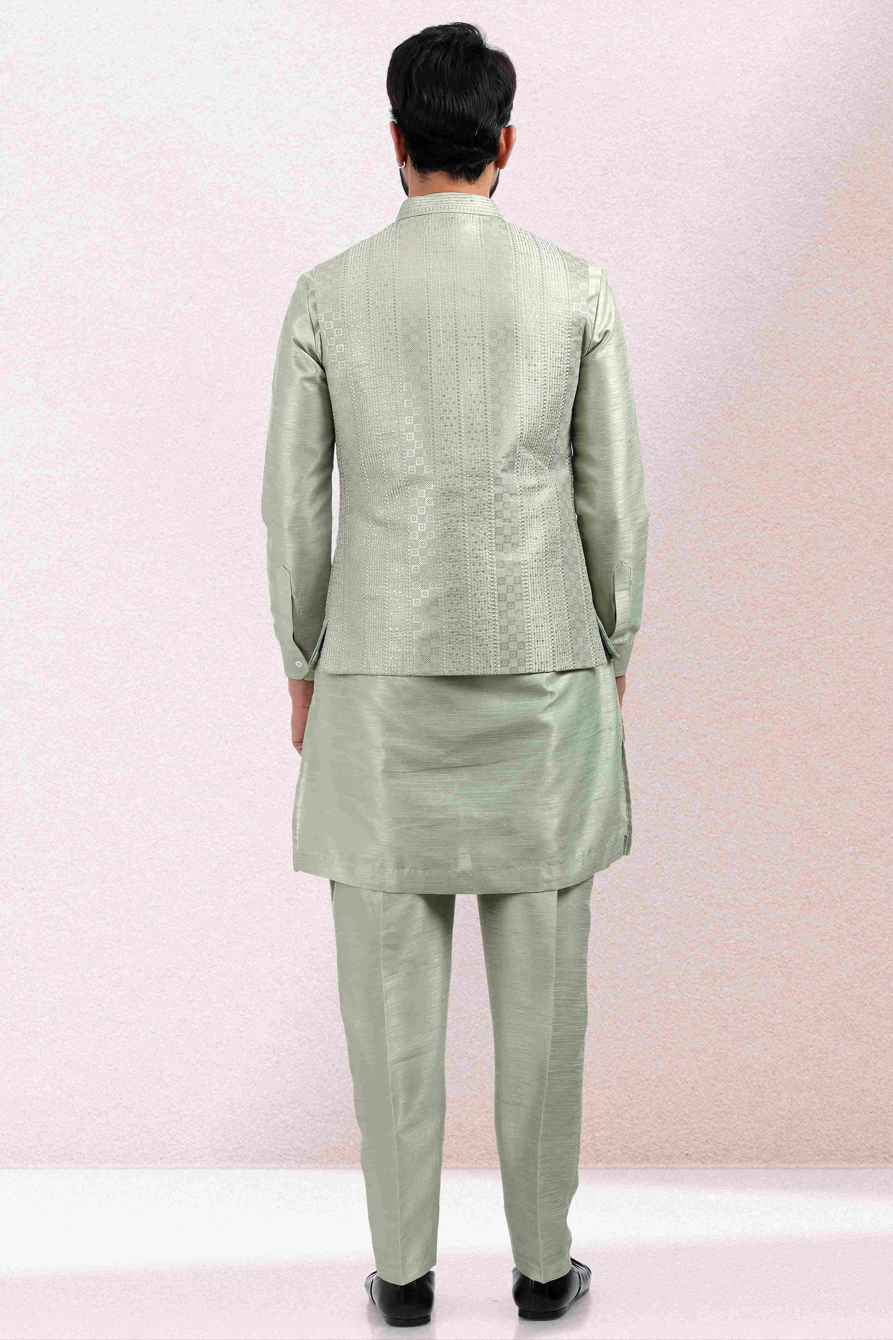 Raivat Ethnic Art Banarasi Silk Thread Work 3 Pics Jacket Set In Pista Green Colour | Grocsy