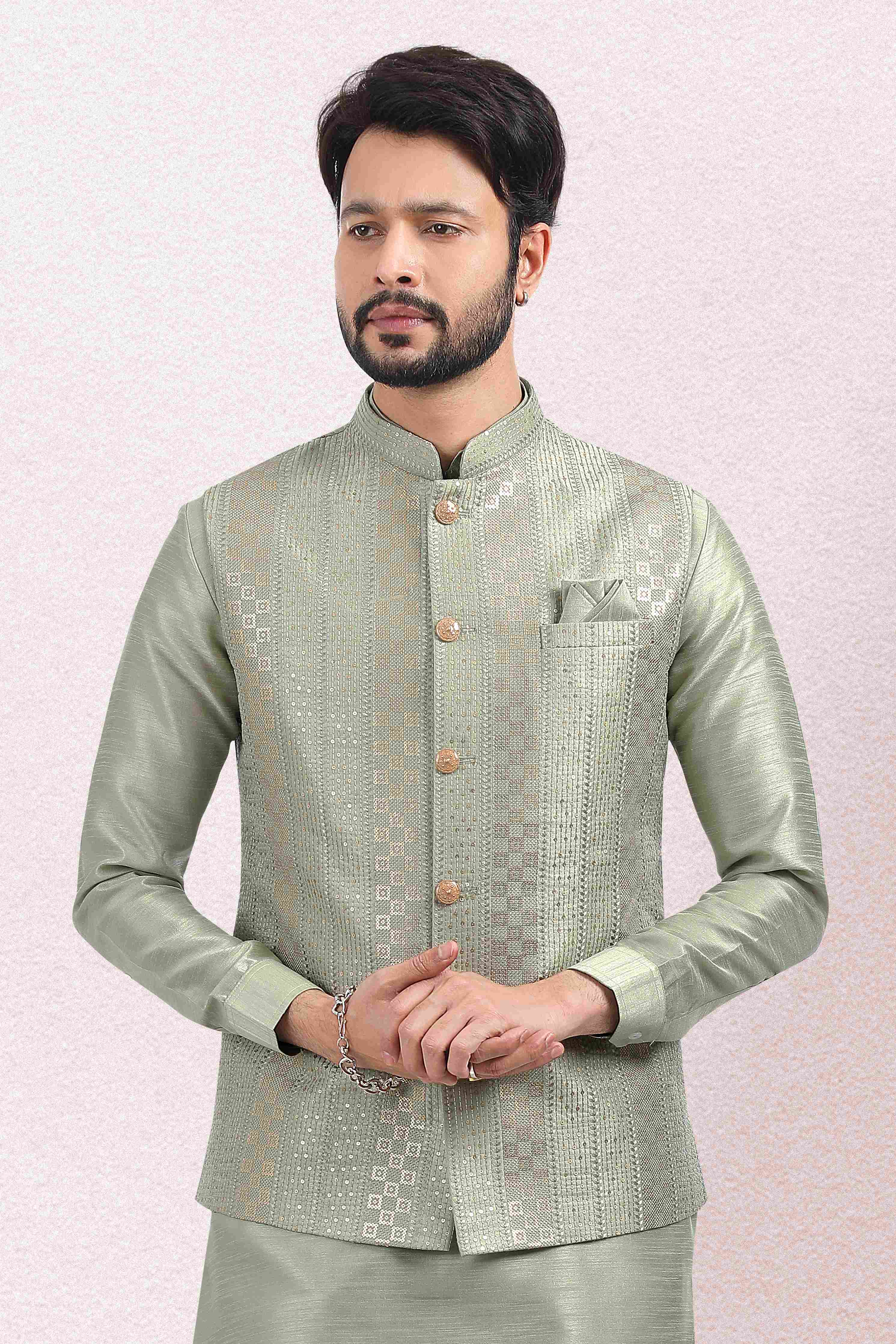 Raivat Ethnic Art Banarasi Silk Thread Work 3 Pics Jacket Set In Pista Green Colour | Grocsy