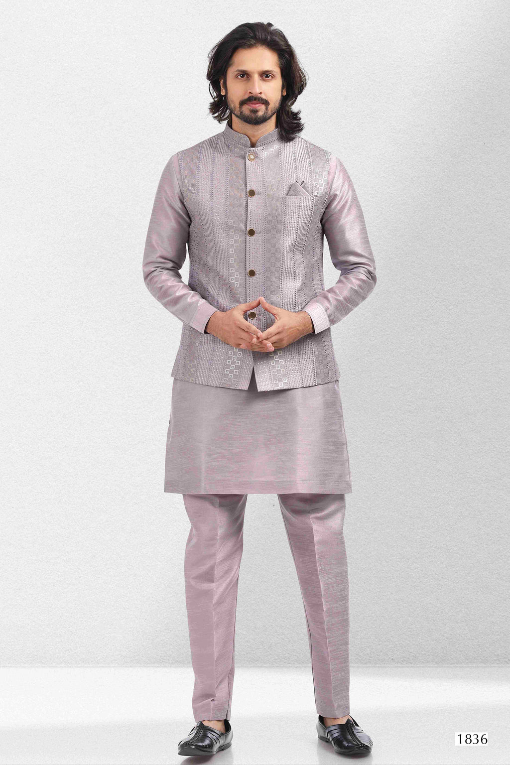 Raivat Ethnic Art Banarasi Silk Thread Work 3 Pics Jacket Set In Light Purple Colour | Grocsy