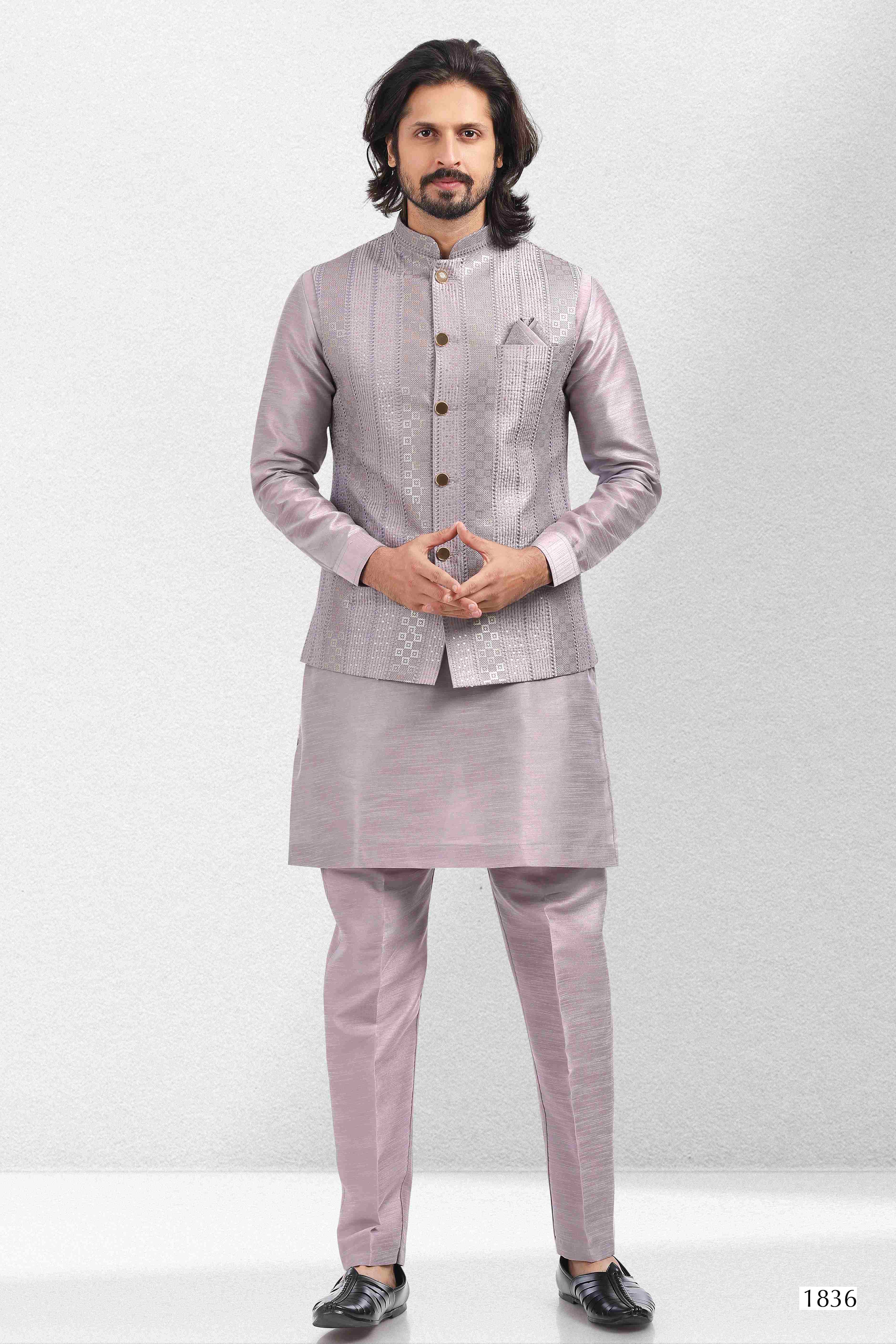 Raivat Ethnic Art Banarasi Silk Thread Work 3 Pics Jacket Set In Light Purple Colour | Grocsy