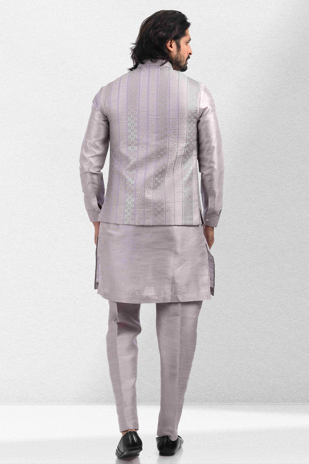 Raivat Ethnic Art Banarasi Silk Thread Work 3 Pics Jacket Set In Light Purple Colour | Grocsy