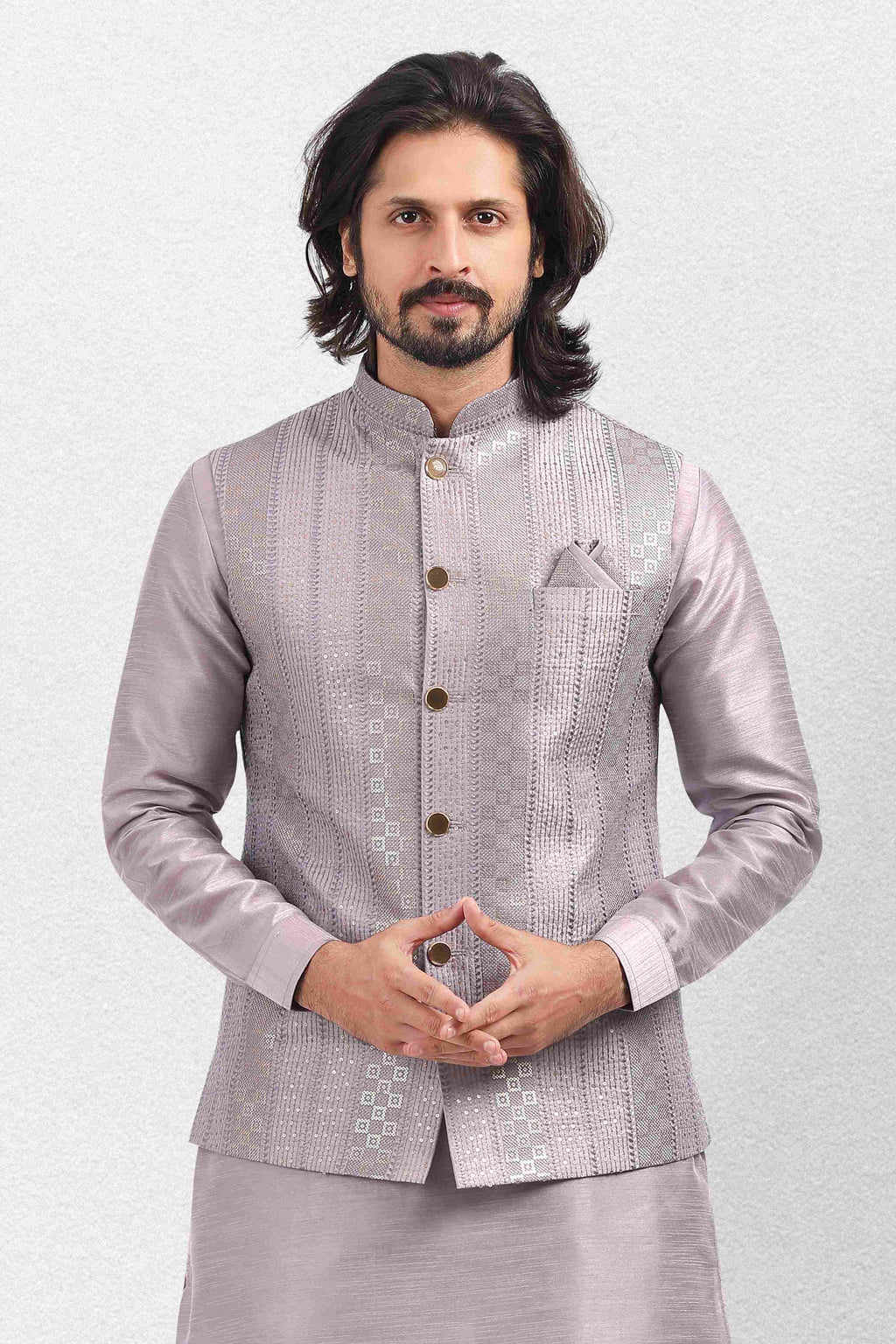 Raivat Ethnic Art Banarasi Silk Thread Work 3 Pics Jacket Set In Light Purple Colour | Grocsy