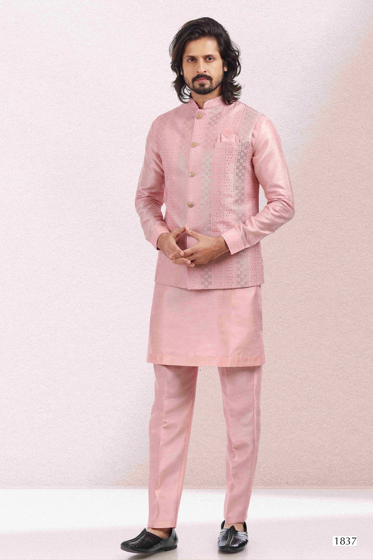 Raivat Ethnic Art Banarasi Silk Thread Work 3 Pics Jacket Set In Pink Colour | Grocsy