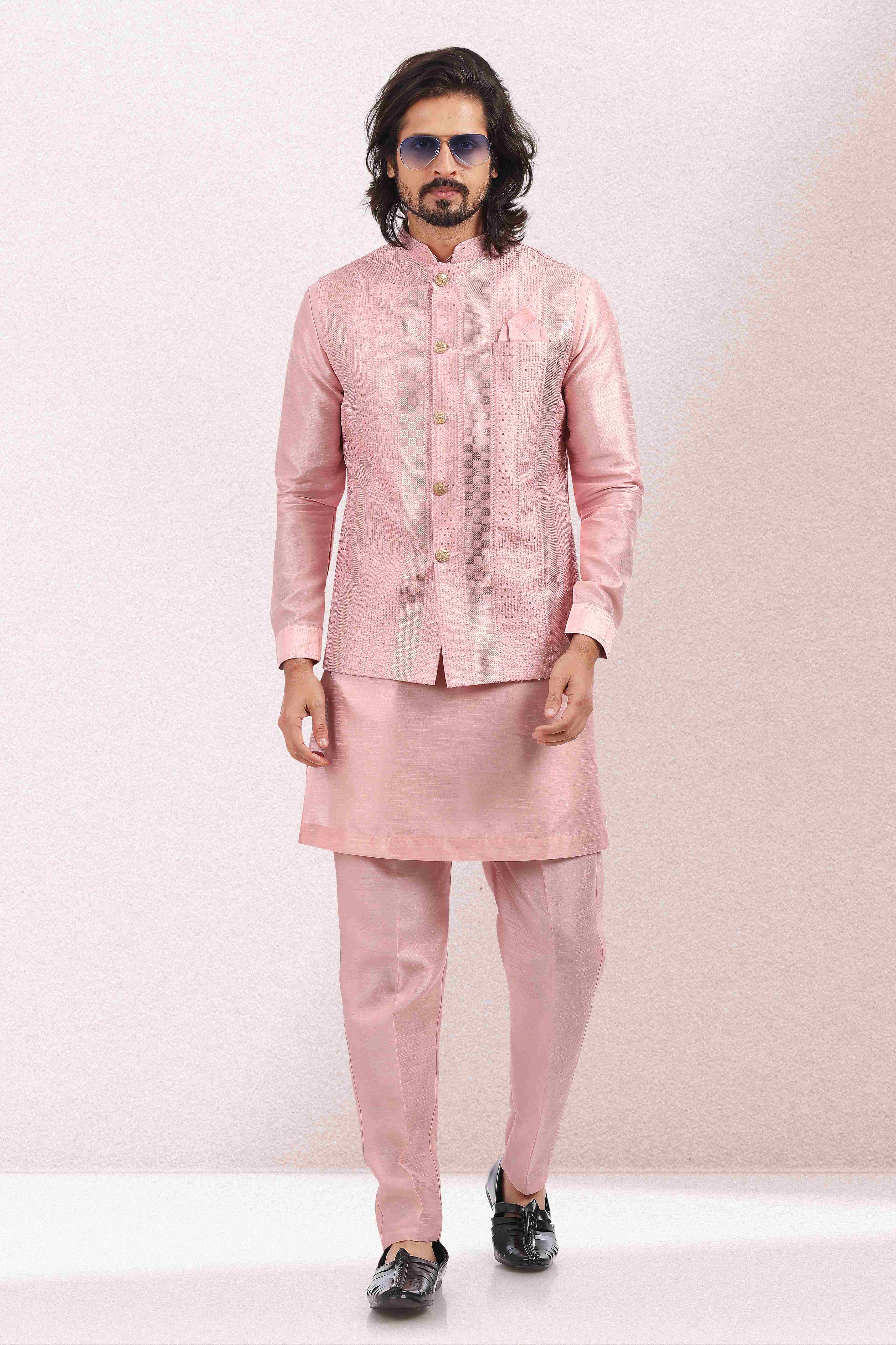 Raivat Ethnic Art Banarasi Silk Thread Work 3 Pics Jacket Set In Pink Colour | Grocsy