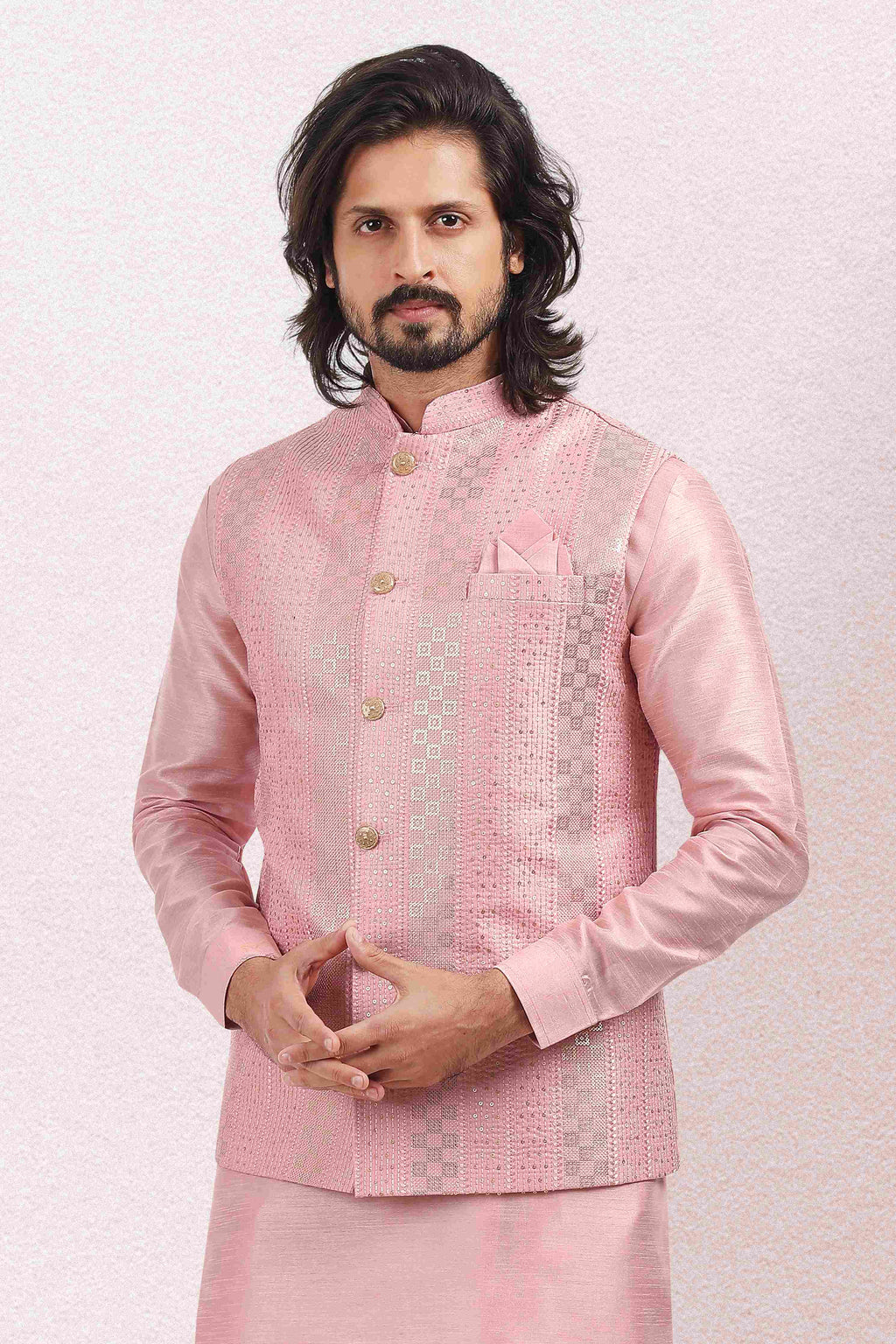 Raivat Ethnic Art Banarasi Silk Thread Work 3 Pics Jacket Set In Pink Colour | Grocsy