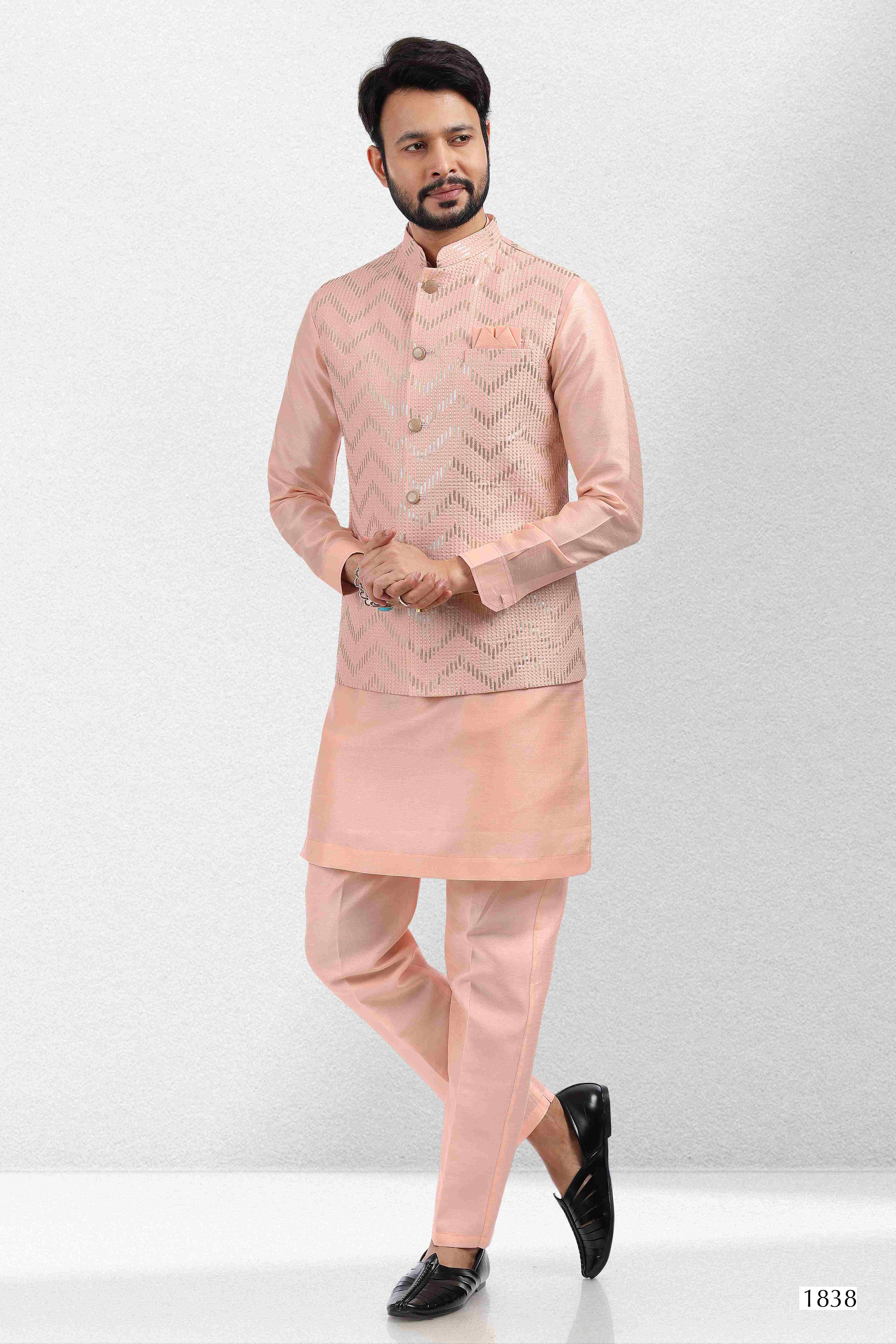 Raivat Ethnic Art Banarasi Silk Thread Work 3 Pics Jacket Set In Peach Colour | Grocsy