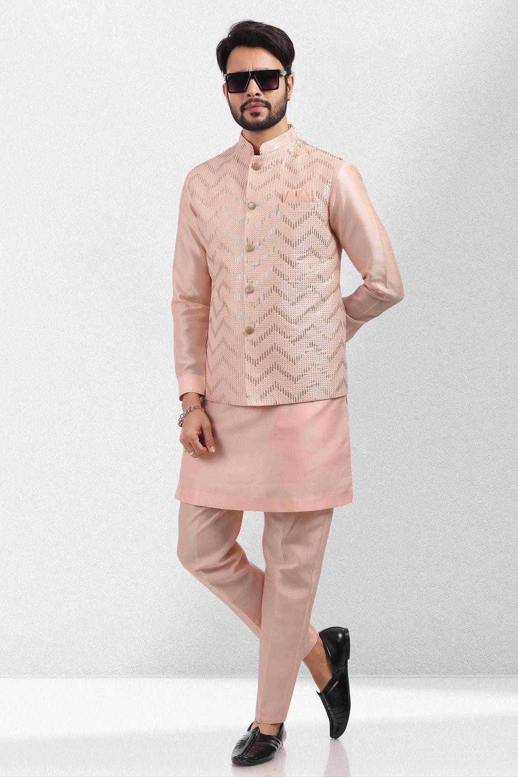 Raivat Ethnic Art Banarasi Silk Thread Work 3 Pics Jacket Set In Peach Colour | Grocsy
