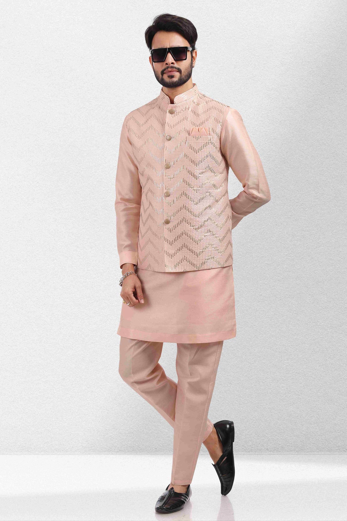Raivat Ethnic Art Banarasi Silk Thread Work 3 Pics Jacket Set In Peach Colour | Grocsy