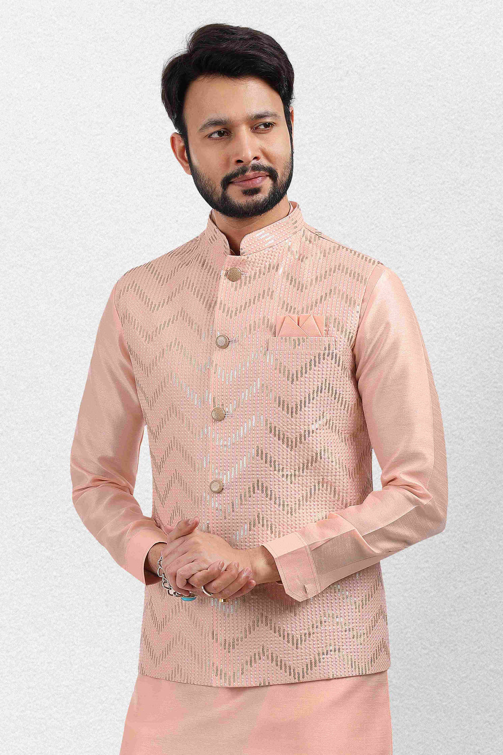 Raivat Ethnic Art Banarasi Silk Thread Work 3 Pics Jacket Set In Peach Colour | Grocsy