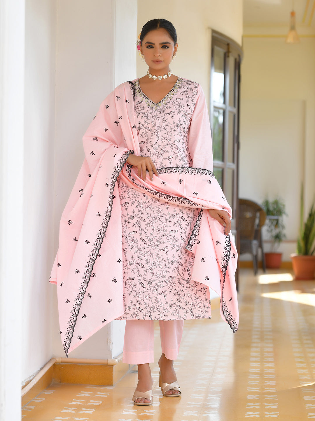 Vaasva Women's Cotton Solid Candy Embroidered Suit Set | Grocsy