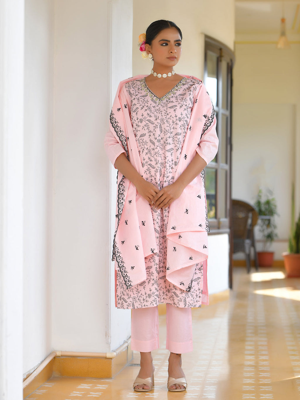 Vaasva Women's Cotton Solid Candy Embroidered Suit Set | Grocsy