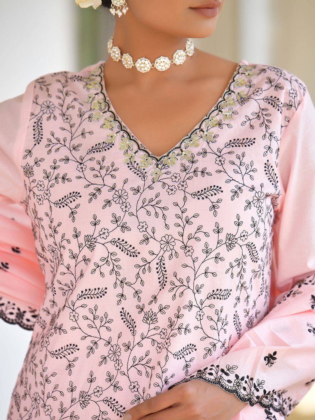 Vaasva Women's Cotton Solid Candy Embroidered Suit Set | Grocsy