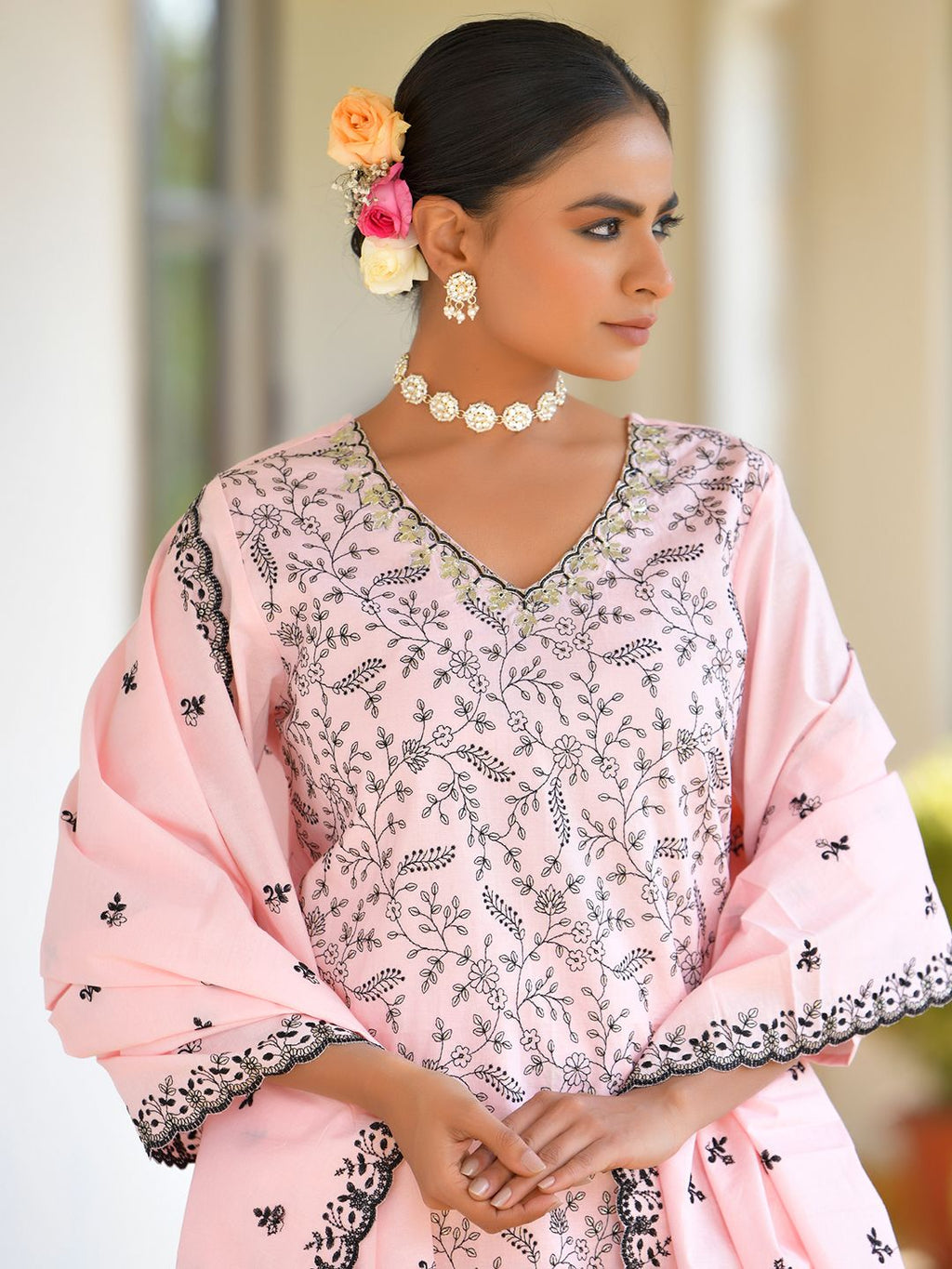 Vaasva Women's Cotton Solid Candy Embroidered Suit Set | Grocsy