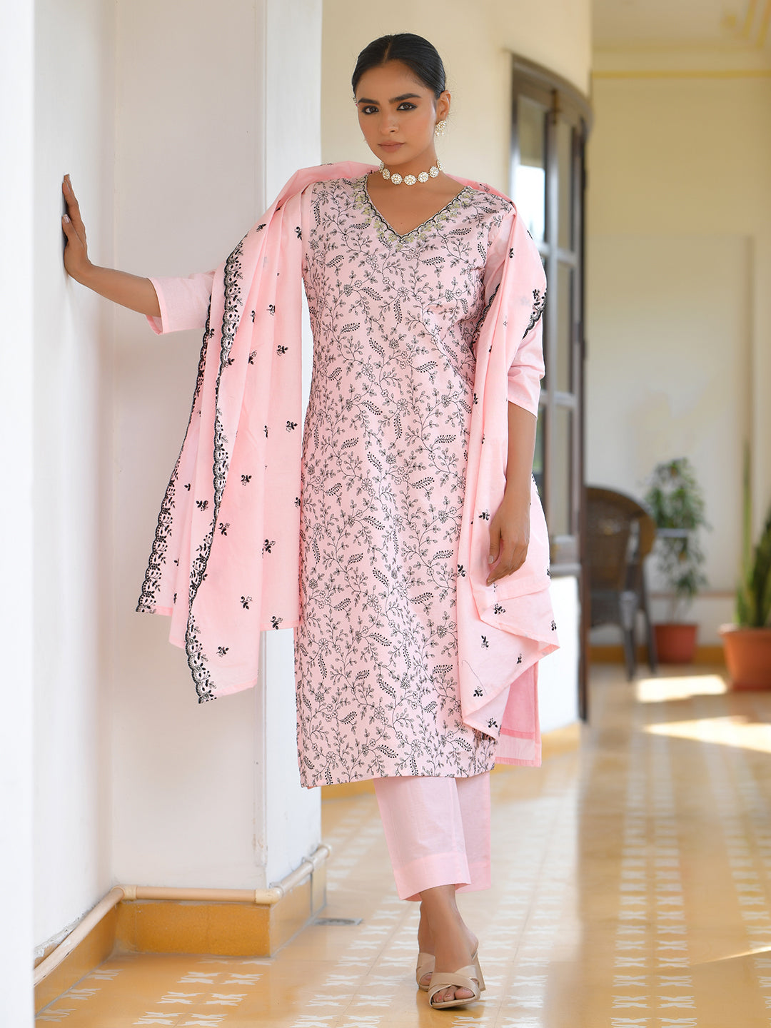 Vaasva Women's Cotton Solid Candy Embroidered Suit Set | Grocsy