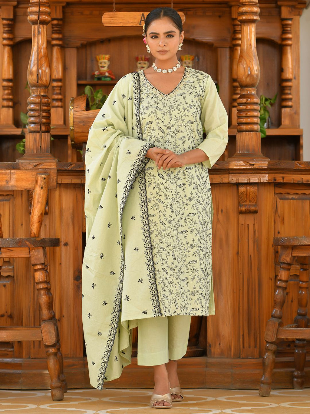 Vaasva Women's Cotton Solid Pista Embroidered Suit Set | Grocsy